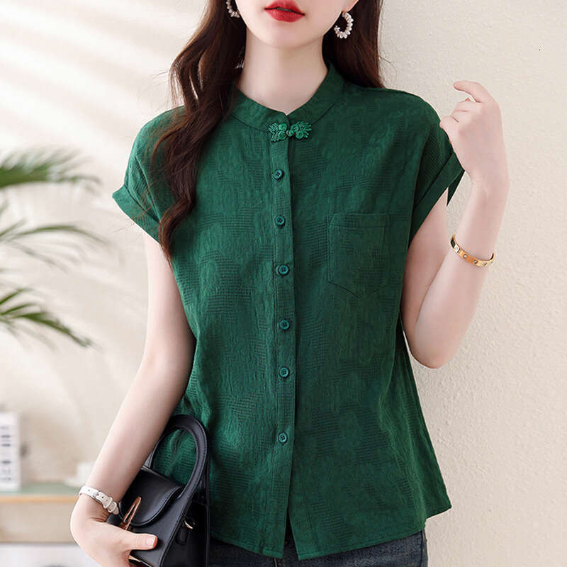 Women Solid Color Summer Chinese Style Retro Pure Cotton Short Sleeve Blouses Fashion Stand Collar Pocket Single-breasted Shirts New Chinese Style top