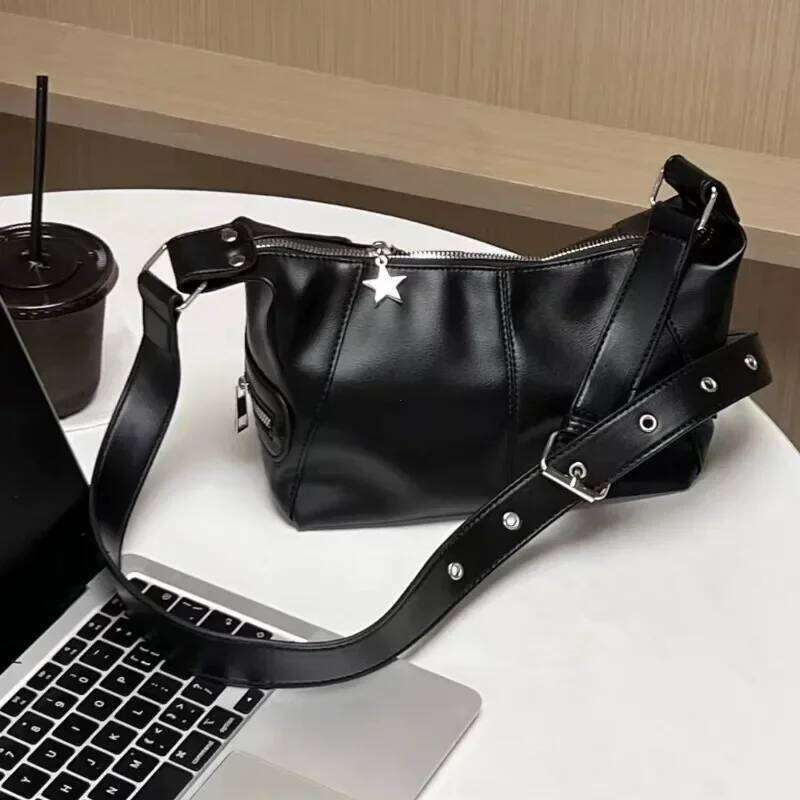 Y2k Korean Gothic Star Girl Black Handbag Harajuku Aesthetic Vintage Shoulder Crossbody Bag Trendy Women Messenger Tote Bags