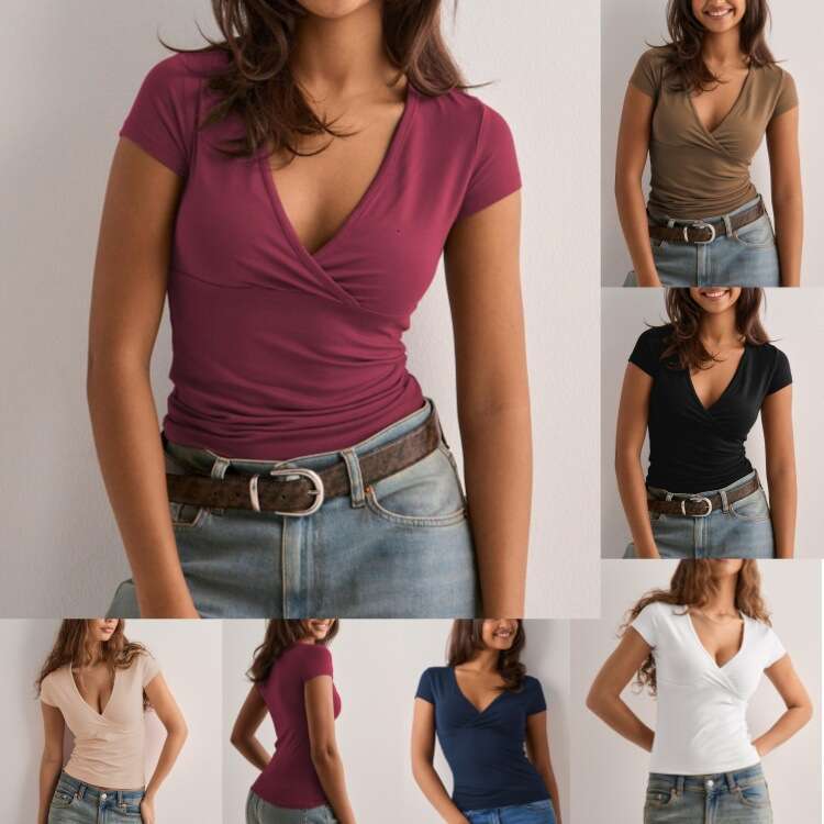 2025 Spring Summer Y2K Solid Color Slim Fit Designer V-Neck Short Sleeve T-Shirt Foreign Trade Cross-Border European and American Style Women's T