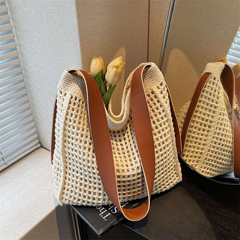Handmade Crochet Cotton Thread Woven Tote For Women, Large Capacity Summer Lazy Style Beach Bag, Versatile Shoulder Crossbody Bag