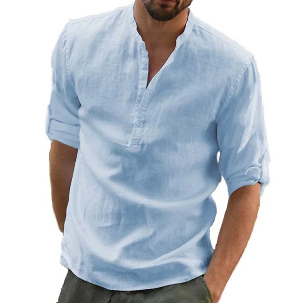 Autumn New Mens Cotton Linen Shirt Loose Fit Casual Long Sleeve Tees Stylish Breathable Solid Color Henley Neck Tops M260305