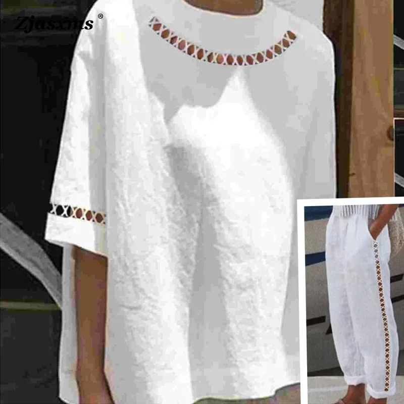 Lady Loose Two Pieces Suits Womens Hollowed Out Cotton Linen Lace Suit Spring Summer Casual Pockets Solid Color TopPants 260305