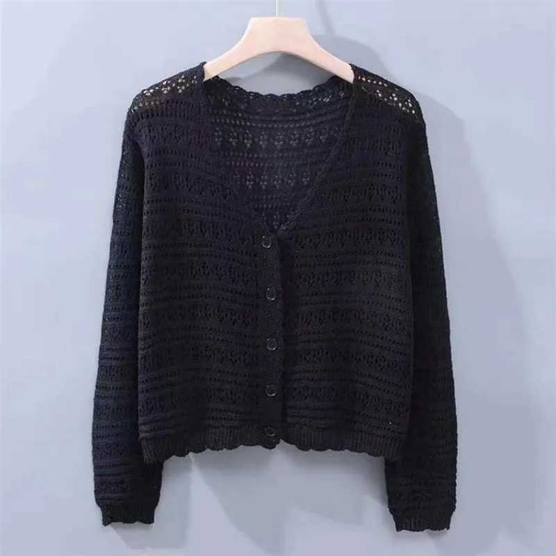 Spring Autumn Korean Style Loose V-neck Hollow Versatile Knitted Air-conditioning Shirt Thin Long-sleeved Ice Silk Cardigan Top M260306