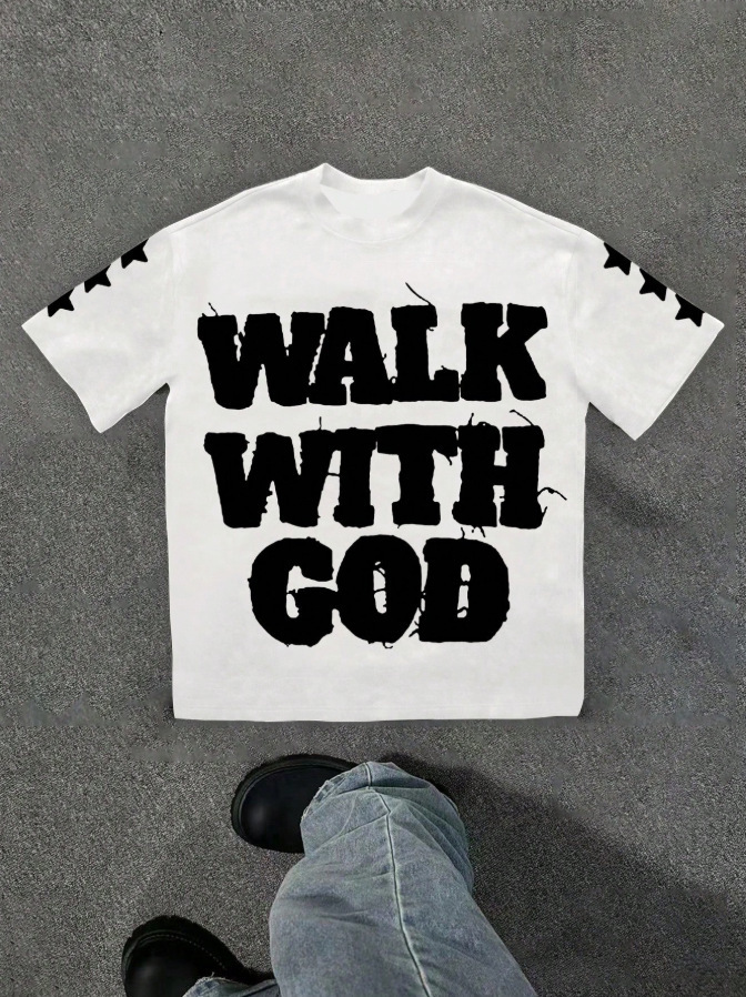 European and American Hiphop style T-shirt with star and letter patterns trendy American top unique and niche design sense