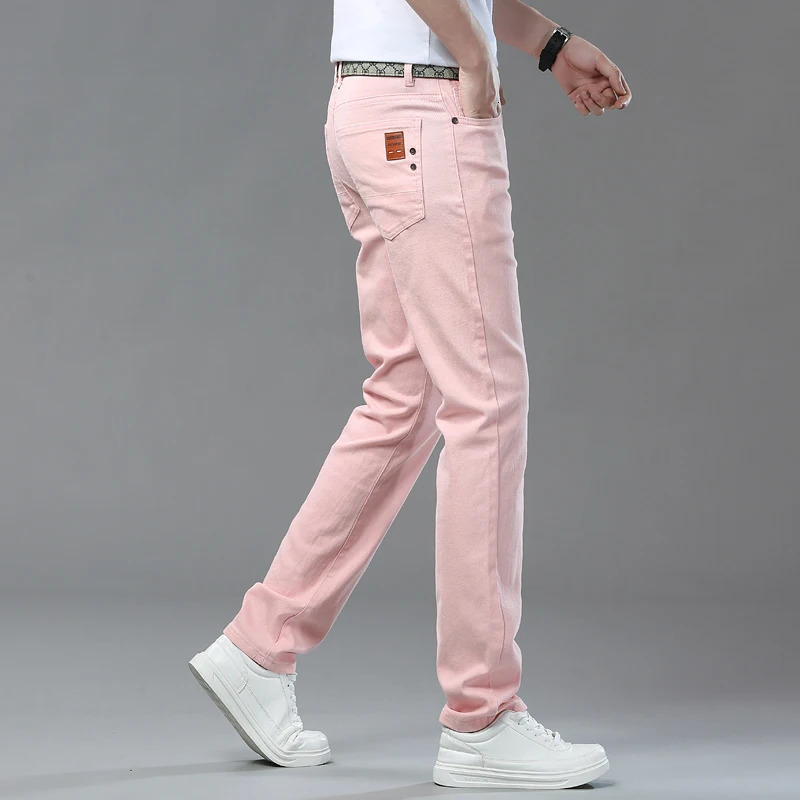 2025 Autumn Mens Elastic Colorful Jeans Breathable Casual Straight Fitted Solid Color Denim Pants Korean Fashion Trousers 260228
