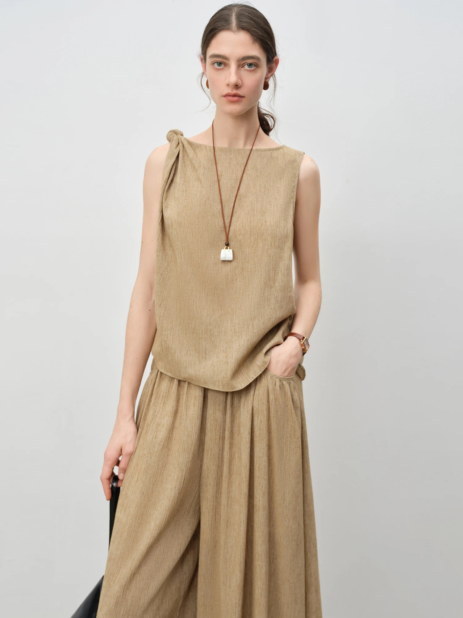 ZIQIAO Summer Womens Sleeveless Linen Set - Breathable Wide-Leg Styling Relaxed Elegance Women Pants Set 25ZQ92104 260305