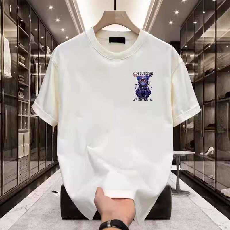European and American trendy brand short-sleeve ins pure cotton summer bear print men's T-shirt, fashionable unisex versatile round-neck tee for 