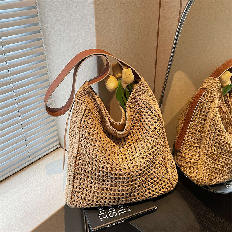 Handmade Crochet Cotton Thread Woven Tote For Women, Large Capacity Summer Lazy Style Beach Bag, Versatile Shoulder Crossbody Bag