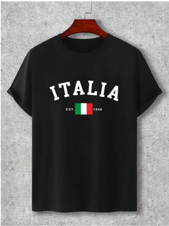 2025 New European and American Export Casual Versatile Fashionable Men's Italian Print Short Sleeve T-Shirt