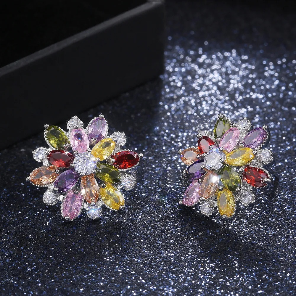 Luxury Sun Flower Stud Earrings for Woman Charm Gift Designer Silver Gold Cubic Zirconia Owl Leaf Square Wedding Bridal Earring Dangle Fashion Jewelry