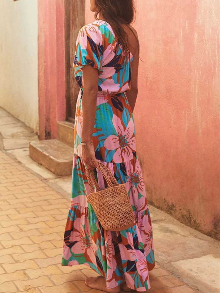 Ladies Slanted Neck High Waisted Bohemian Dress Summer Pattern Print Beach Long Dress Asymmetrical Lace Up Loose Casual Dresses X260306