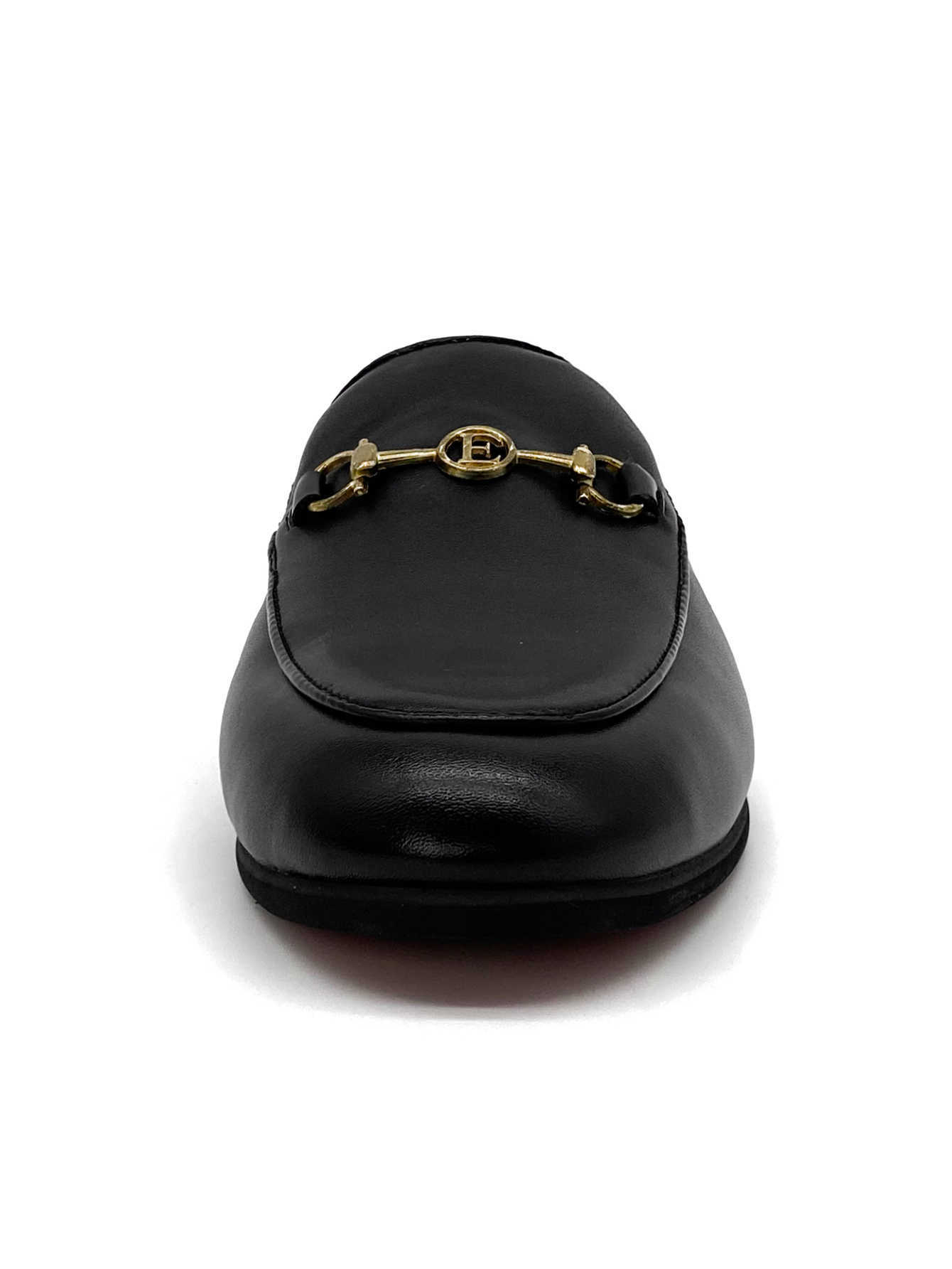 Men's Black Leather Mules Gold Decorative Metal Buckle Backless Loafers Flat Slip-on Slides Casual Office Daily Wear Mules