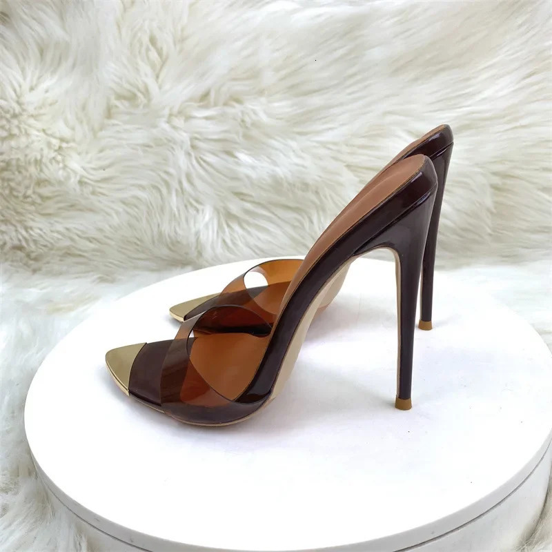 12cm Sexy Pointy Color Pvc Slippers High Heel Sandals Women Brown Stiletto Heels Lady Shoes Female Size 33-46 Zapatos De Mujer 260303