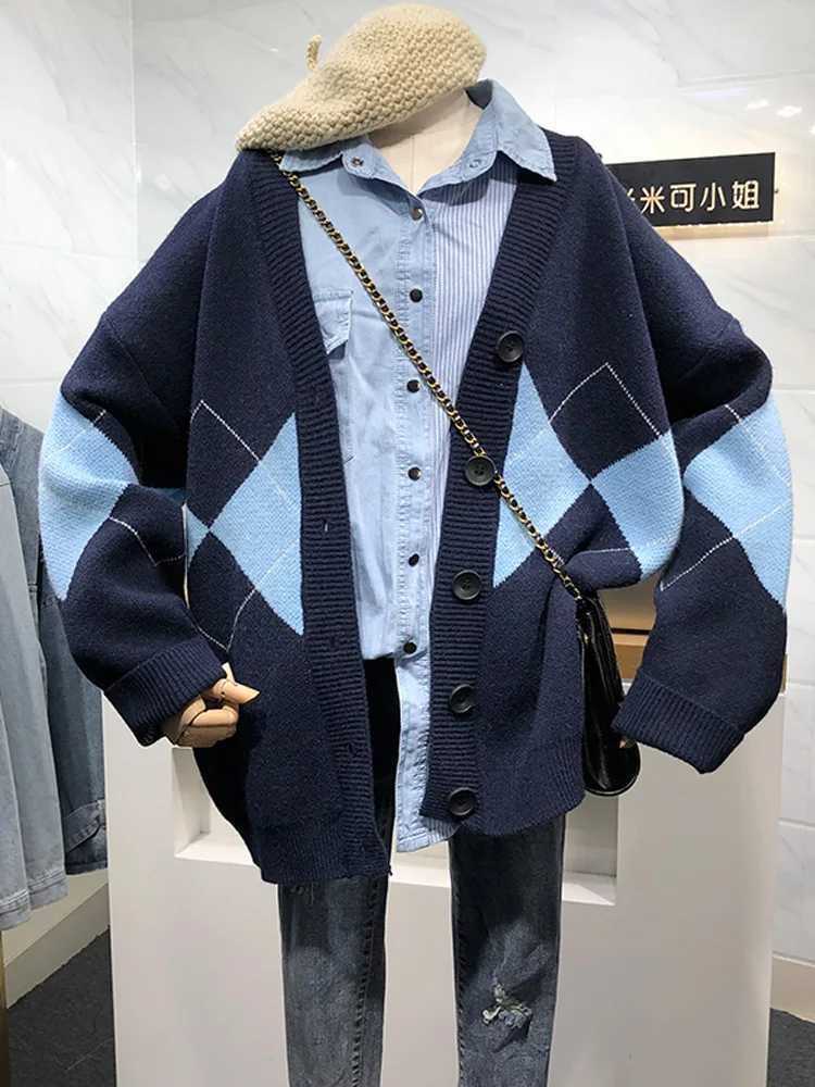 Winter Women Long Sleeve Geometric Cardigant Sweater Autumn Casual Loose Botton Knitted Coat Elegant Casual CloTHes M260306