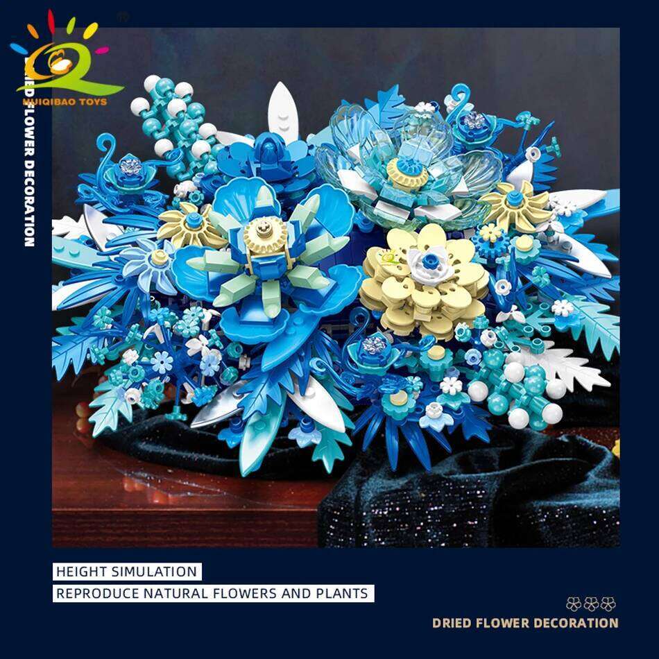 HUIQIBAO 917PCS MOC Blue Flower Model Building Blocks 3D flores Bouquet Potted Plants Bricks Kits Children DIY Toy Home Decor Z260306