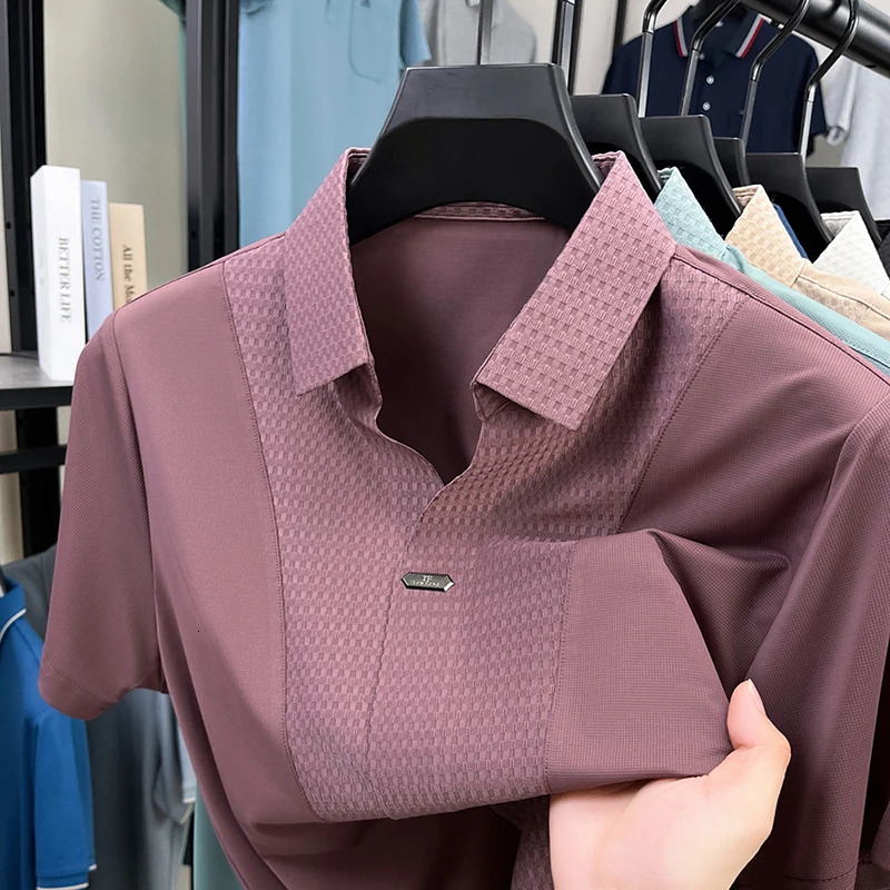 Personality jacquard splicing short sleeve Polo shirt men ice silk breathable high quality fashionable buttonless V-neck T-shirt 260304