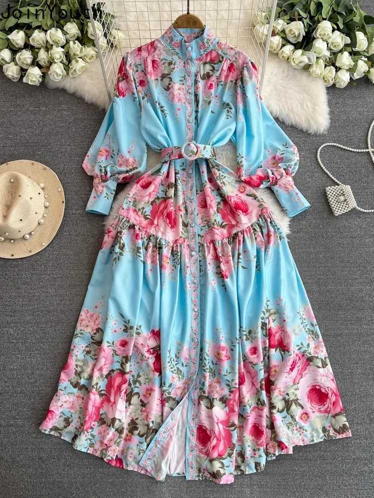 2025 Vestidos De Mujer Summer Dresses Women Print Floral Single Breasted Long Robe Femme High Waist Vintage Elegant Maxi Dress X260306