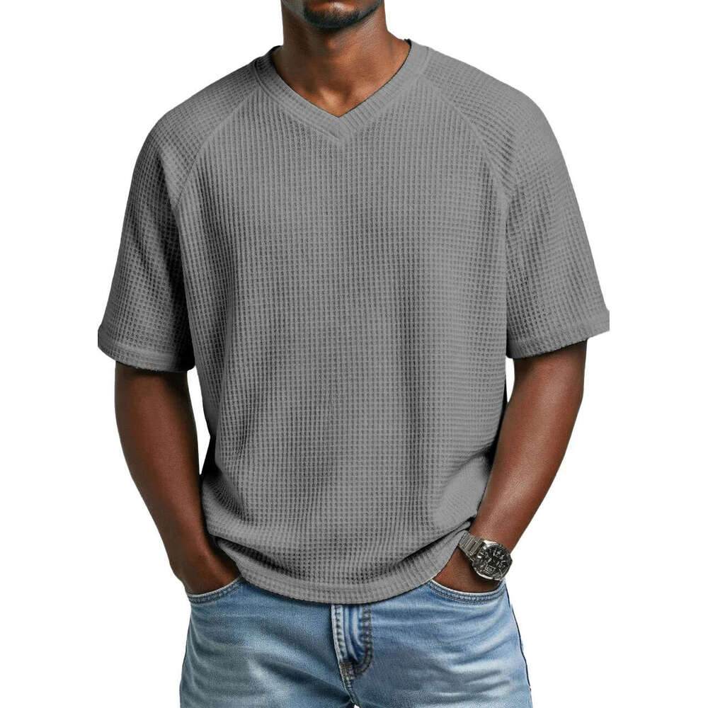 2026 European and American Spring Summer Cross-Border Independent Station Fashion Waffle Knit Raglan V-Neck Short Sleeve Men's T-Shirt