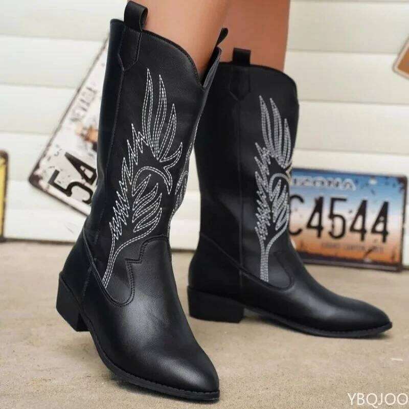 2025 Winter New Fashionable Versatile Women's Embroidered Retro Elegant and Minimalist Mid Top Boots