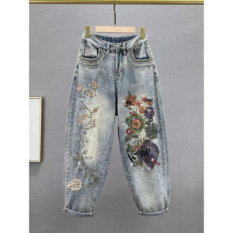 Mardi Hefxessdr Fashion Rhinestones Harem Jeans Female Spring New High Waist Loose Slimming Heavy Industry Printed Baggy Pants Women pants jeans women