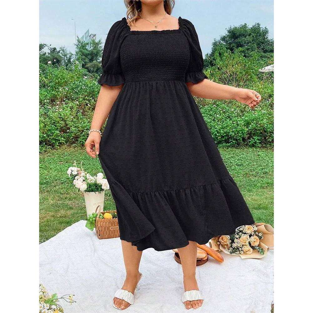 Plus Size Women's Pure Color Wrap Ruffle Hem Midi Square Neck Backless Short Sleeve Dress Elegant temperament