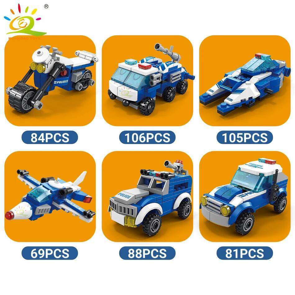 HUIQIBAO 533pcs 6in1 Police Truck Building Blocks City Construction Helicopter Car robot Bricks Set For Children Toys Kids Gift Z260306