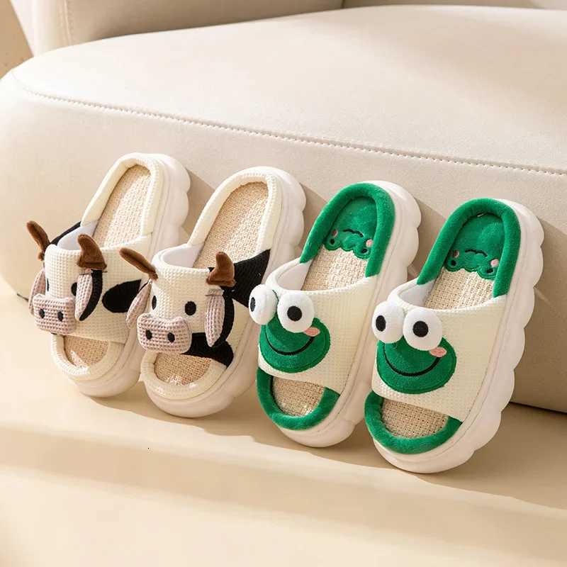 Cute Women Cow Linen Home Slippers Men Four Seasons Indoor Flip Flops Female Indoor Floor Shoes Adult Comfortable Cartoon Slides S260305
