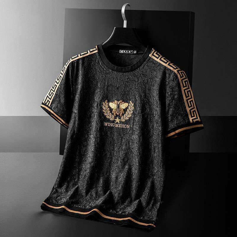 Bee Embroidery Ribbon Paired With Jacquard Silk Men's Short-Sleeve T-Shirt, Summer Plus-Size Half-Sleeve T-Shirt For Men