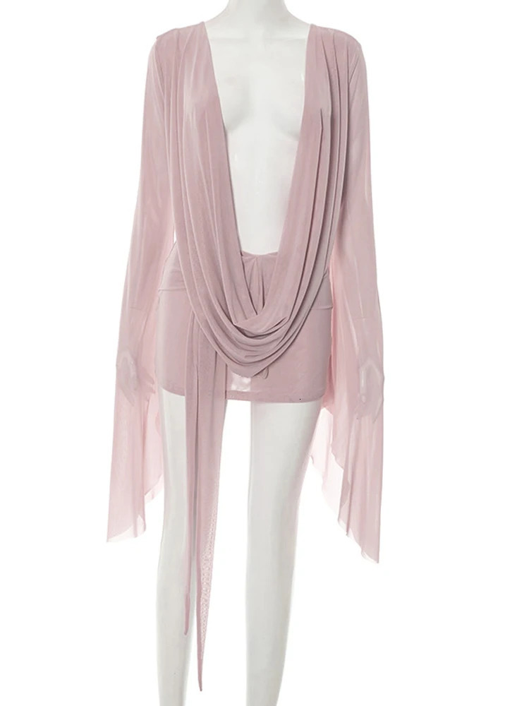 Beyprern Elegant Flare Sleeve V Neck Ruched Sheer Mesh Short Dress Pink Holiday Outfits Beach CoverUp Night Out Vestidos 260302
