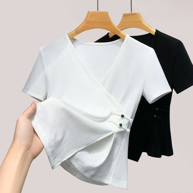 New Chinese Style Women's T-Shirt with National Style Buttons Waist-Cinching Premium Solid Color V-Neck Top
