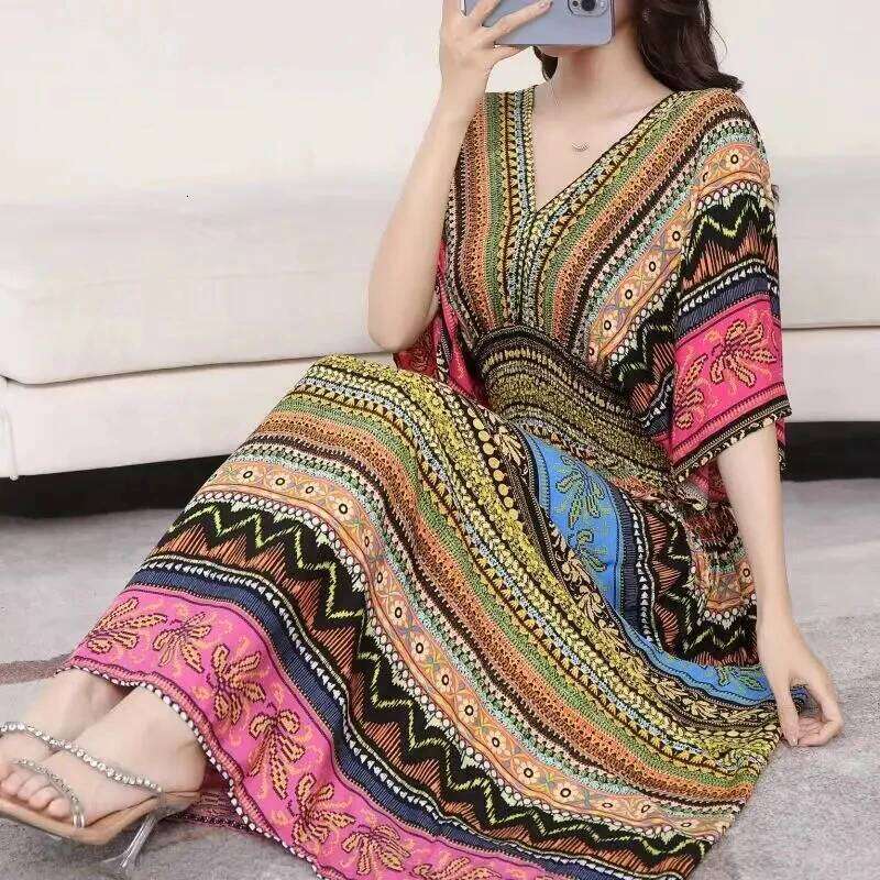 Autumn Chic Sweet Casual Countryside Print V-Neck Batwing Short Sleeve Midi Holiday Dress Fashion women dress