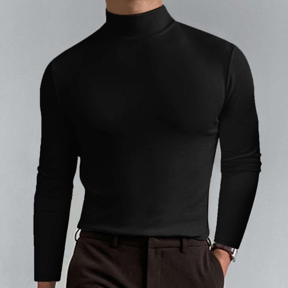 Amazon Foreign Trade European and American Clothing 2023 Autumn Winter High Collar Long Sleeve T-Shirt Men's Base Shirt Comfortable Solid Color T