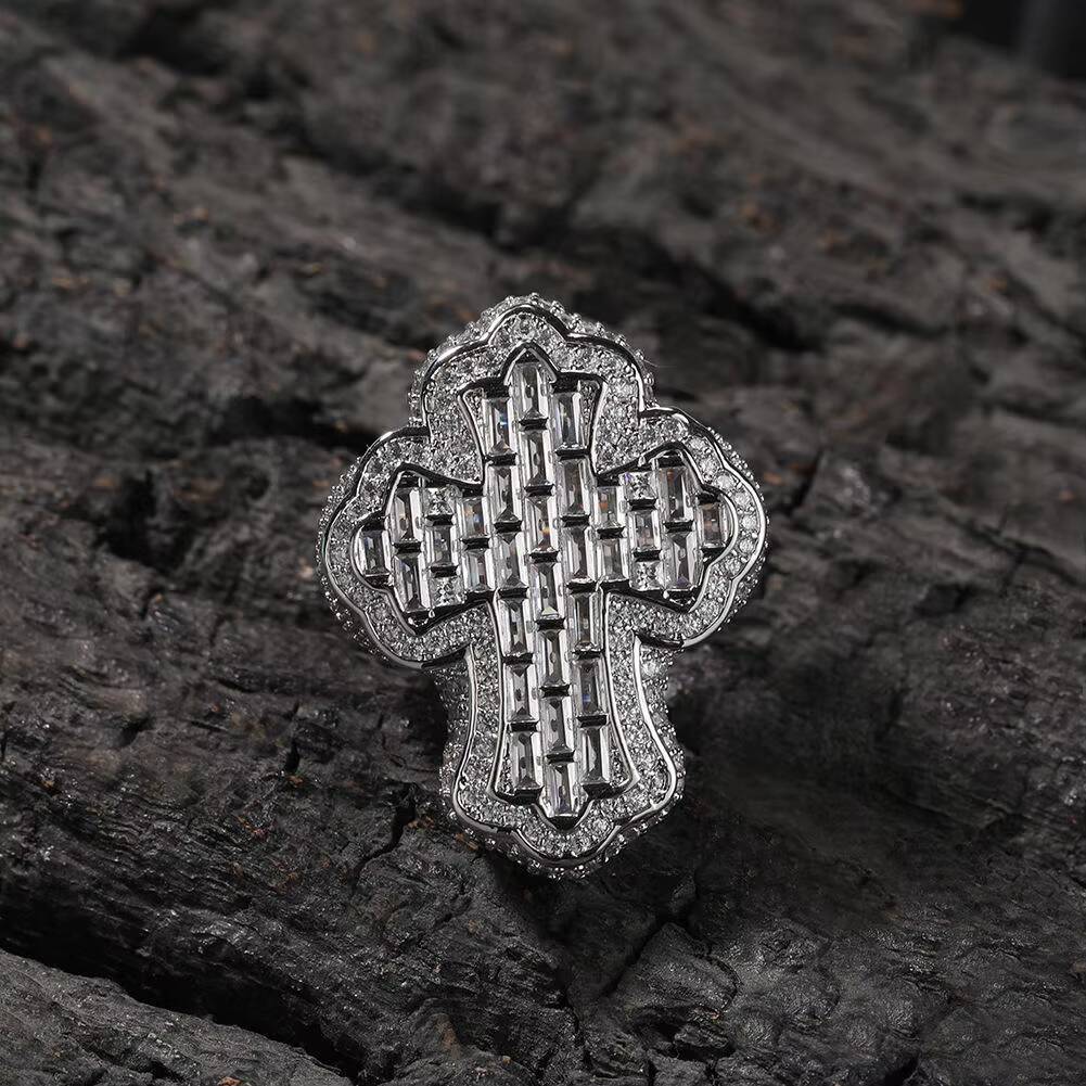 Cross Shape Diamond baguette Ring Rich Gold Tone Silver Plated Customized Size Crafted Sparkle Detail Bold Stylish Modern Hip