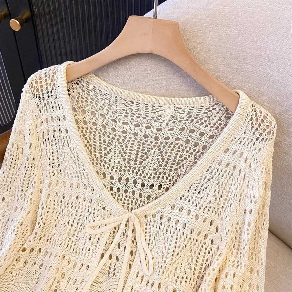 Womens Summer Lace Knit Cardigan Long Sleeve V-neck Openwork Crochet Tie Front Sun Protective Shawl Versatile Cover-Up for Fall M260306