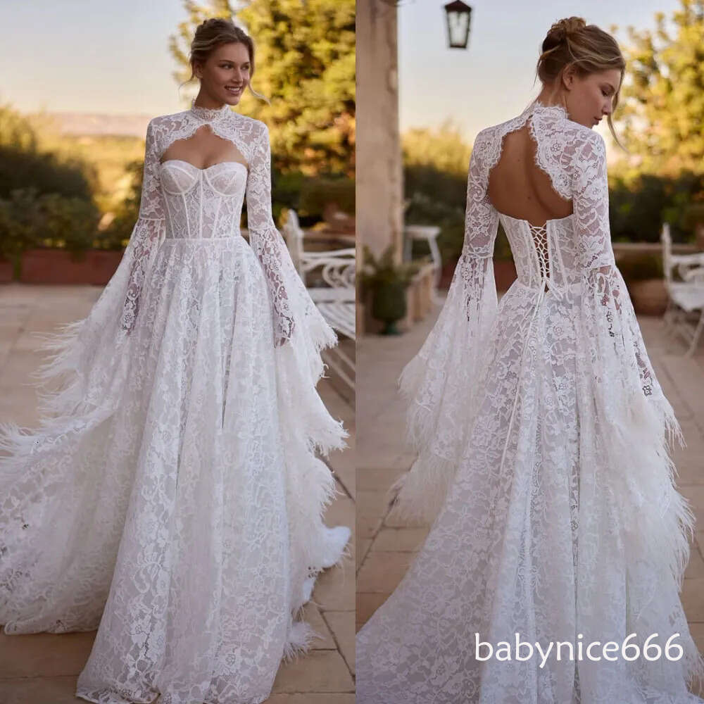 Unique A-Line Wedding Dresses for Women - Long Sleeve Lace Bridal Gowns with Tulle Jacket and Customized Appliques