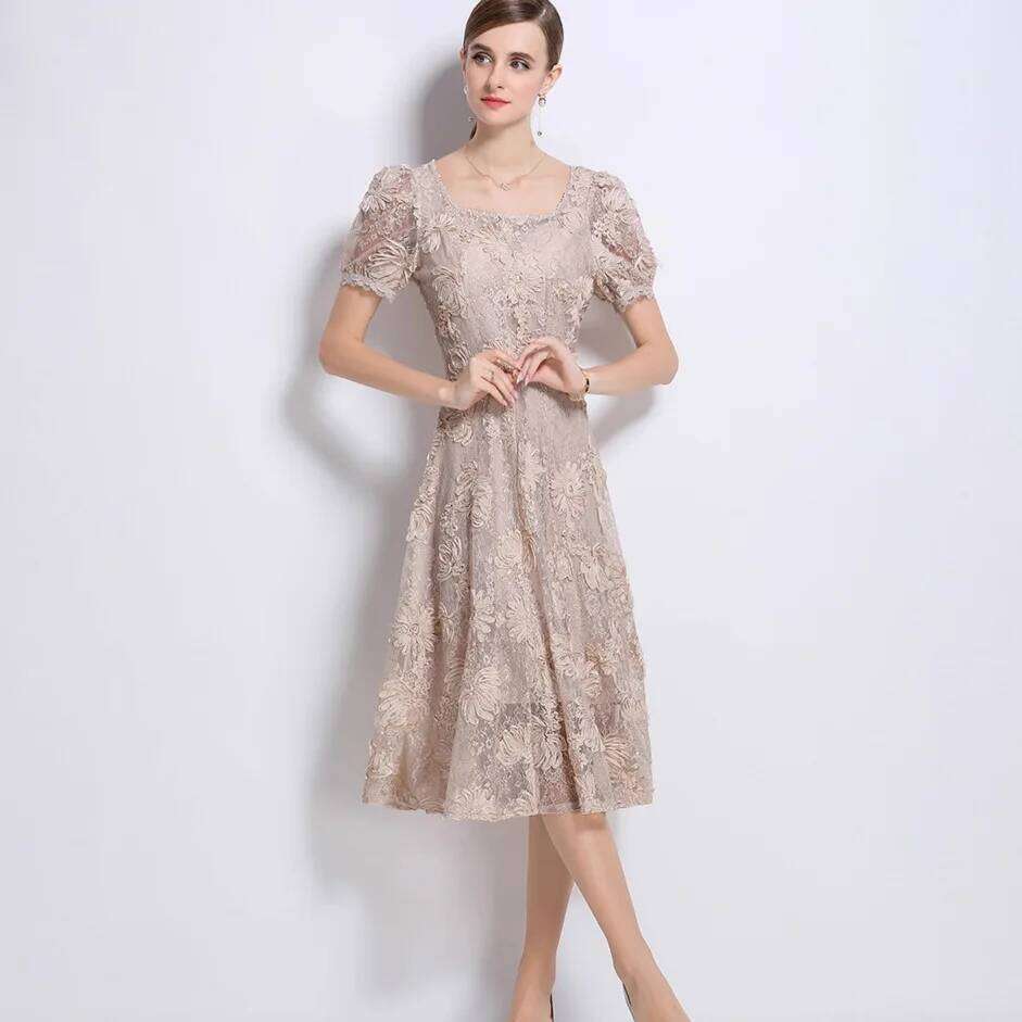Sweet Luxury Formal Evening Long Dresses Women Short Sleeve 3D Flower Lace Embroidery Hollow Out Midi Dress Vestidos De Fiesta Mdng260306