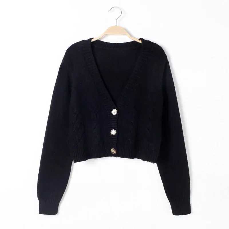 V Neck Cropped Cardigan Women Long Sleeve Twist Knitted Sweater Coats Autumn Winter Keep Warm Korean Fashion Jacket Cardigan M260306