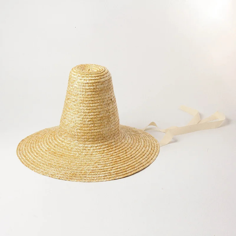 USPOP Retro Pointed High Top Straw Sun Hat with Straps Fashion Show Style and Wide Brim Straw Hat 260228