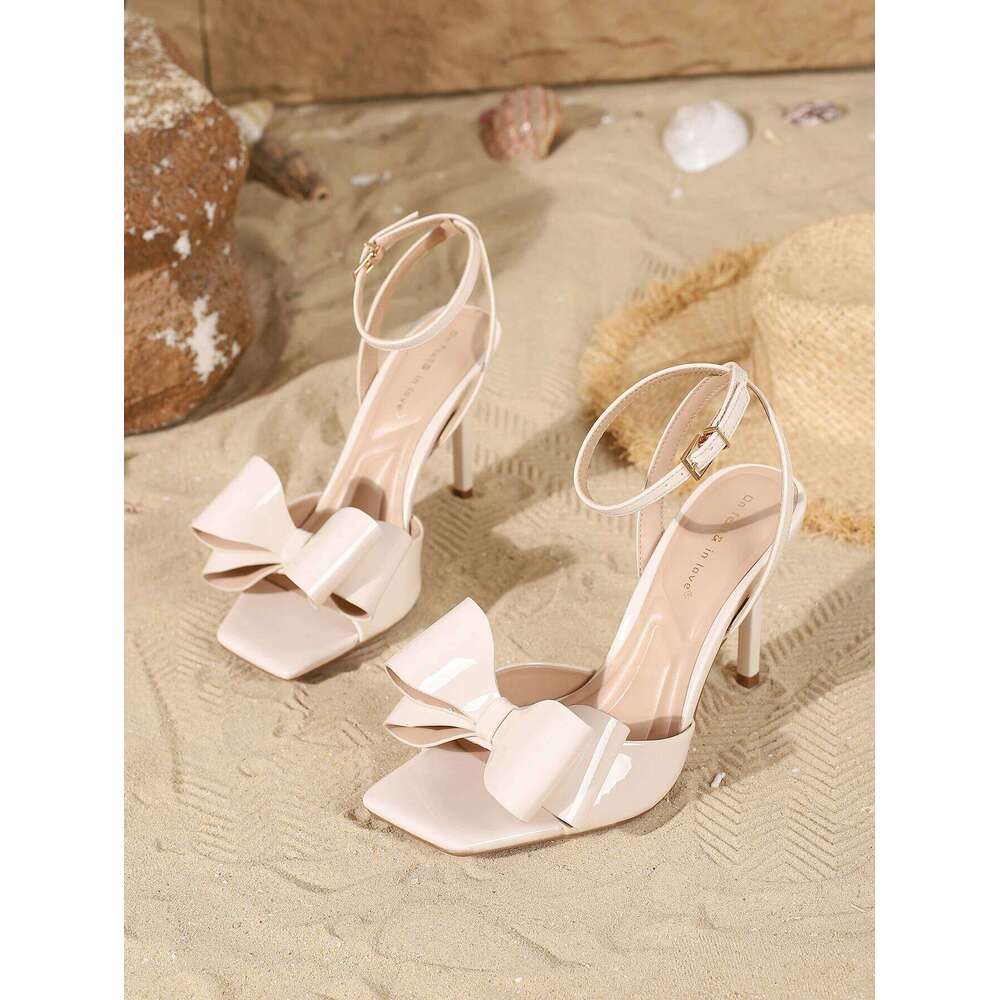 2025 new women's sandals with fashionable bow design, elegant pointed-toe high heels for outdoor banquets, backless shoes