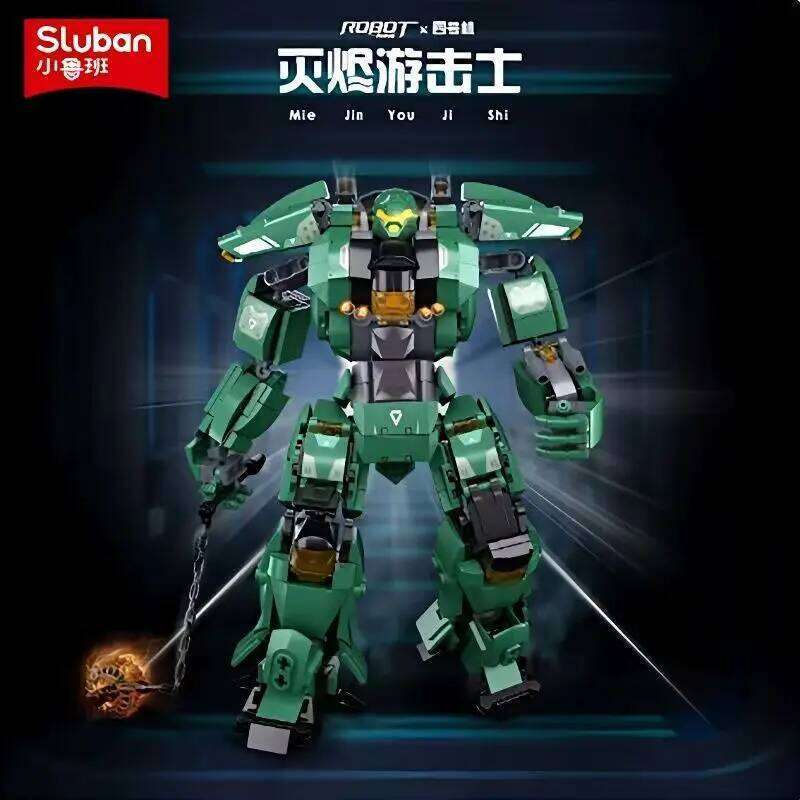 Sluban 542PCS Green Warrior With Chain Hammer Building Blocks Robot Battle Armor Assembling Educational Toys for Boys Gift Z260305