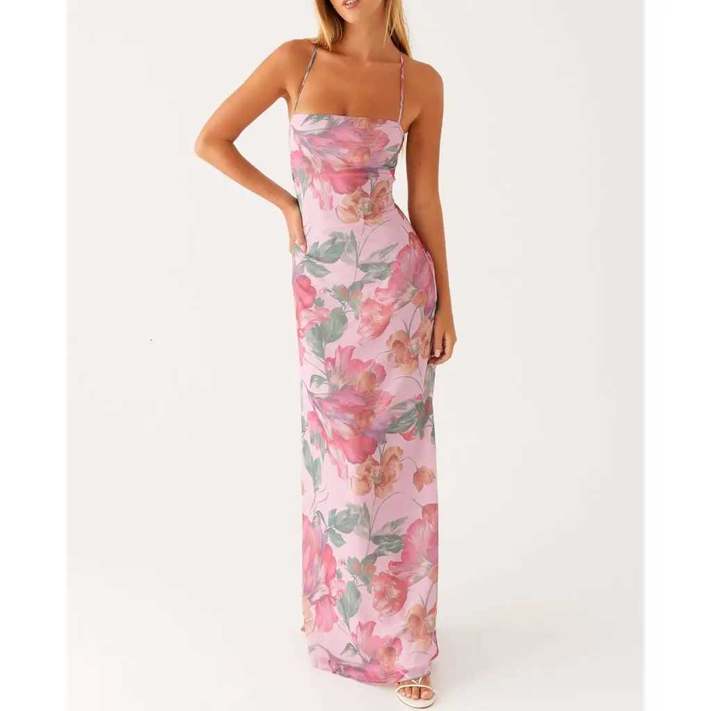 Womens Elegant Y2K Floral Print Sleeveless Summer Cross Tie-Up Backless Fashion Spaghetti Strap Cami Slip Long Dress X260306
