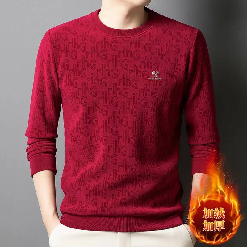 Fleece Thickened Oufen Sweatshirt Men Winter Round Neck Fashionable Jacquard Warm Long-sleeved T-shirt Base Men's Clothing