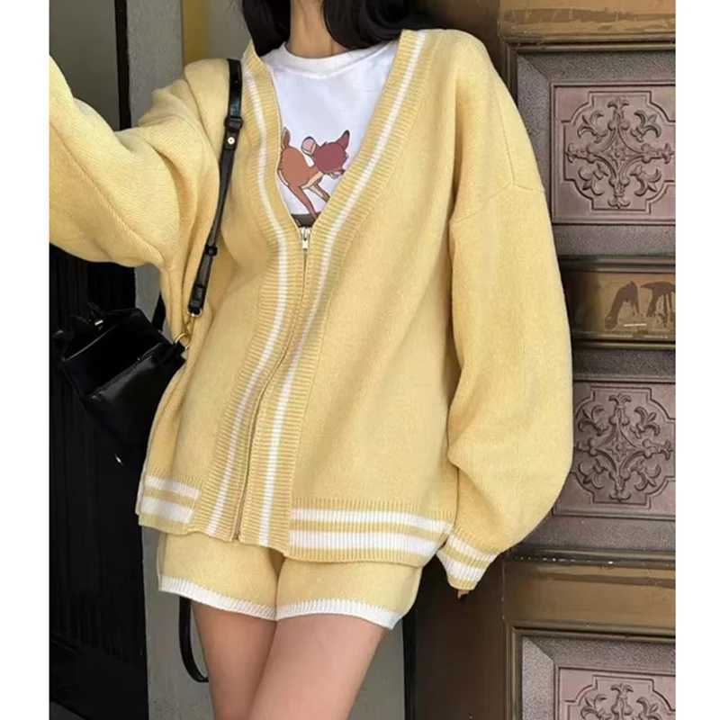 Fashion V Neck Long Sleeve Cardigans Women Sweaters Knitted Loose Shorts Two 2 Pieces Sets Casual Office Simple Zipper Outfits M260306