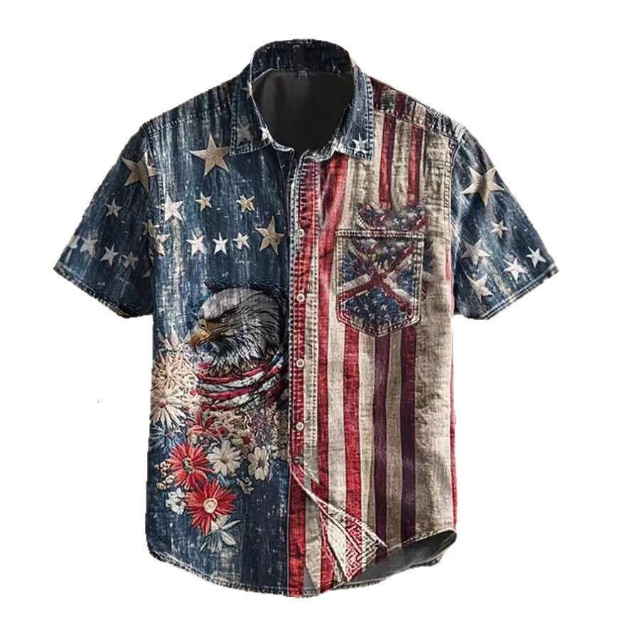 Cross-border vintage casual printed short-sleeve men's shirt