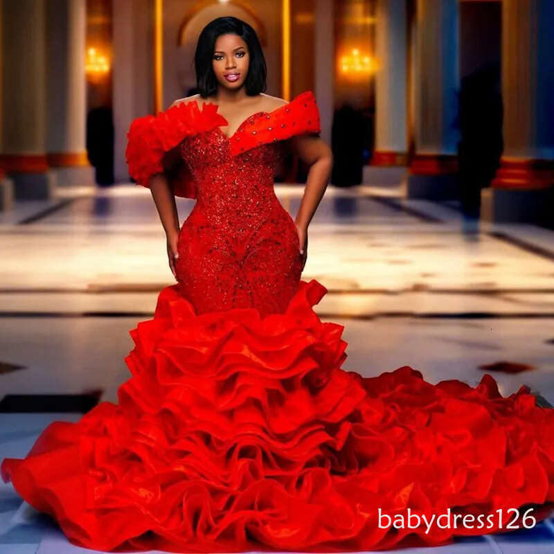 2026 Plus Size Aso Ebi Red Prom Dresses For Special Occasions Off Shoulder Mermaid Evening Dress Appliqued Beaded Lace Crystals Ruffles Birthday Recep