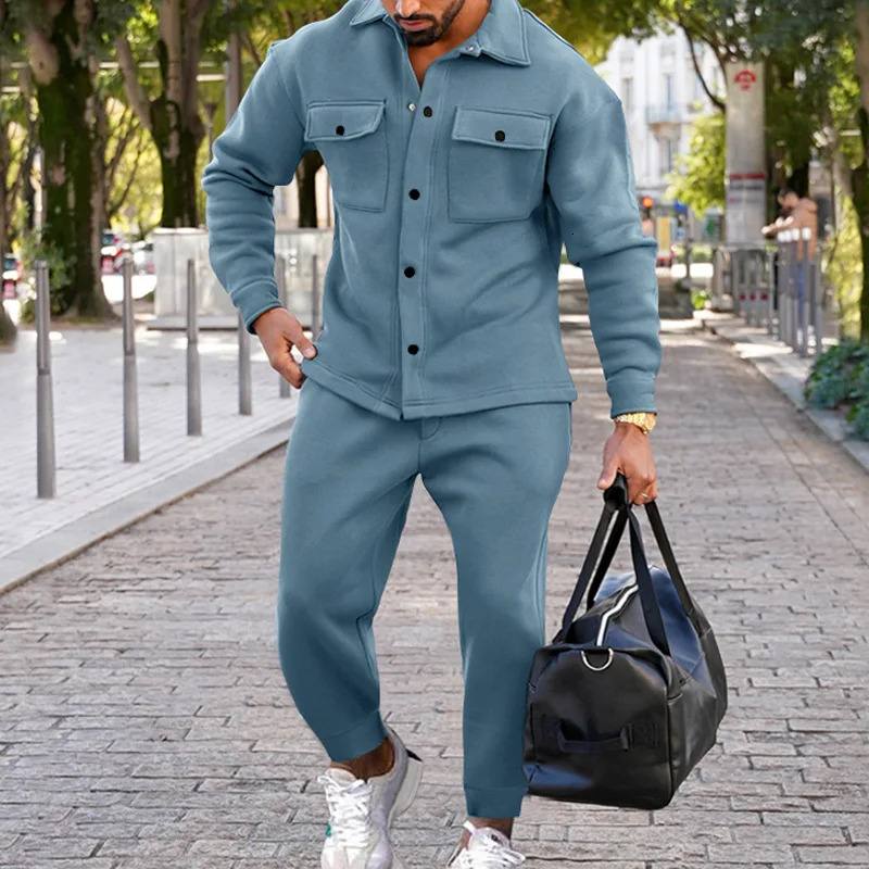 Autumn Winter Fashion Suede Fabric 2-Piece Set Solid Color Slim Fit Long-Sleeve Jacket Cuffed Pants Casual Outfit Mens Sets 260227