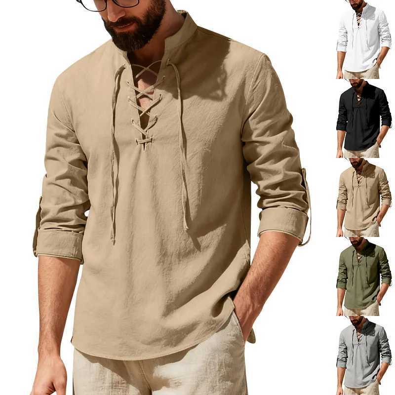 2026 New Mens Cotton Linen Shirt Long Sleeve Male Shirts Henley Button Strap Stand Collar Casual Shirt Spring Summer Vintage M260305