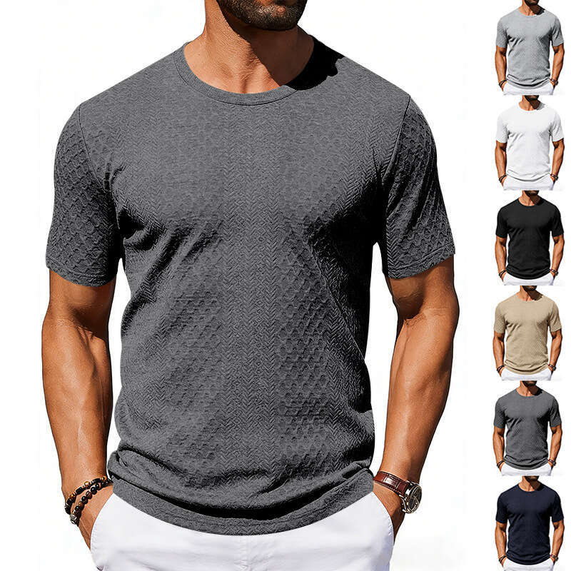 Cross-border Amazon Tiktok Summer New Men's Jacquard Textured T-shirt Casual Loose Solid Color Round Neck Short Sleeve