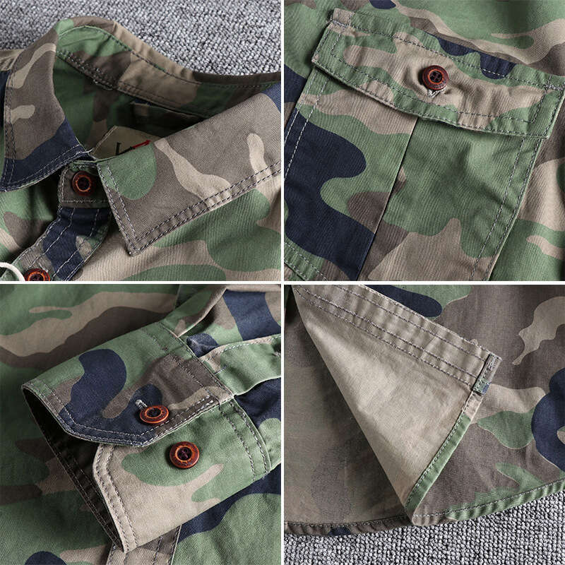 Khaki Foreign Trade Washed Camouflage American Workwear Long Sleeve Shirt for Men with Double Pockets Versatile Casual Military Youth Top