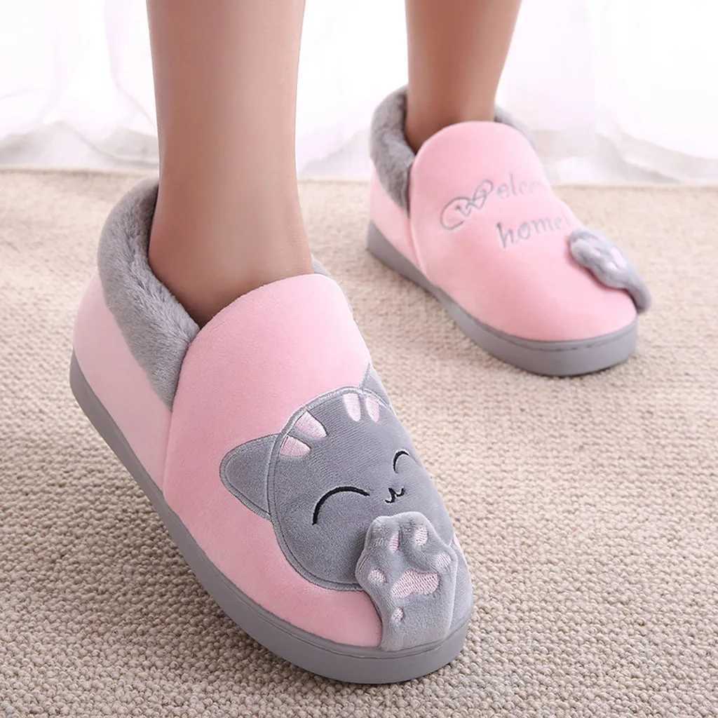 Women Winter Home Slippers Cartoon Cat Non-Slip Warm Indoors Bedroom Floor Shoes Zapatos Mujer 2024 Tendencia S260305